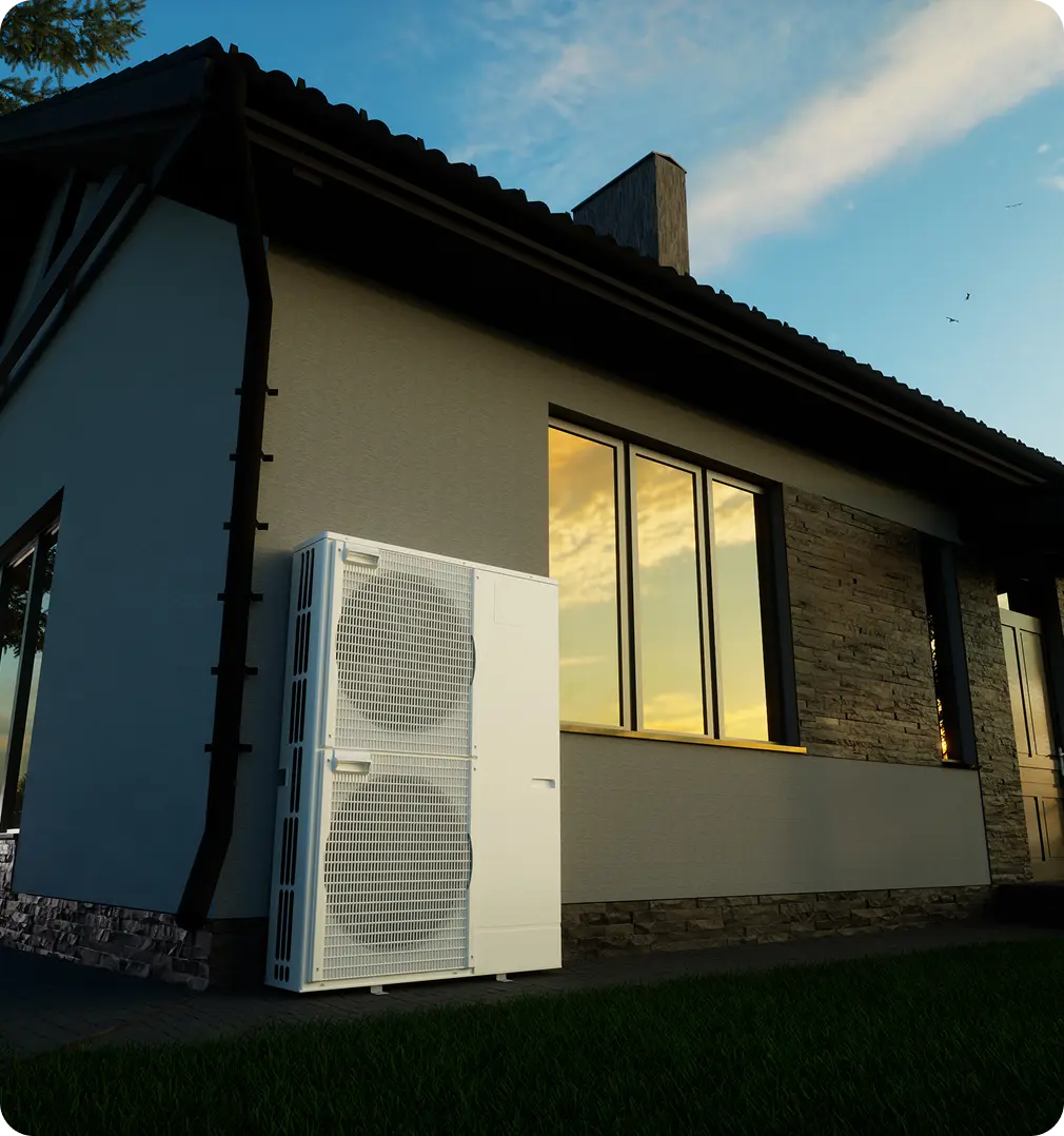 Zewnętrzna jednostka pompy ciepła przy elewacji domu Montaż pompy ciepła